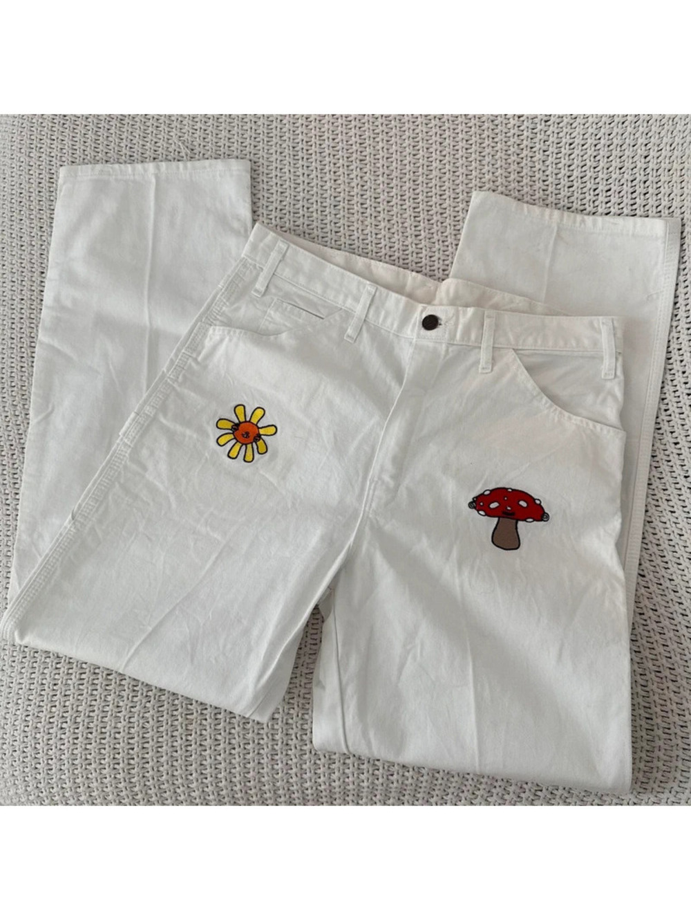 Dickies x drew Phillips white embroidered mushroom sunflower jeans